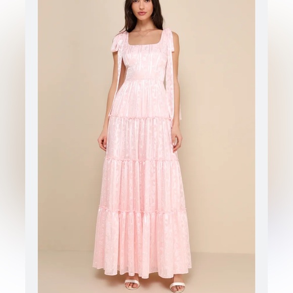 LULUS WOMENS PICTURESQUE ALLURE BLUSH PINK JACQUARD TIE STRAP MAXI DRESS XS - Picture 1 of 11